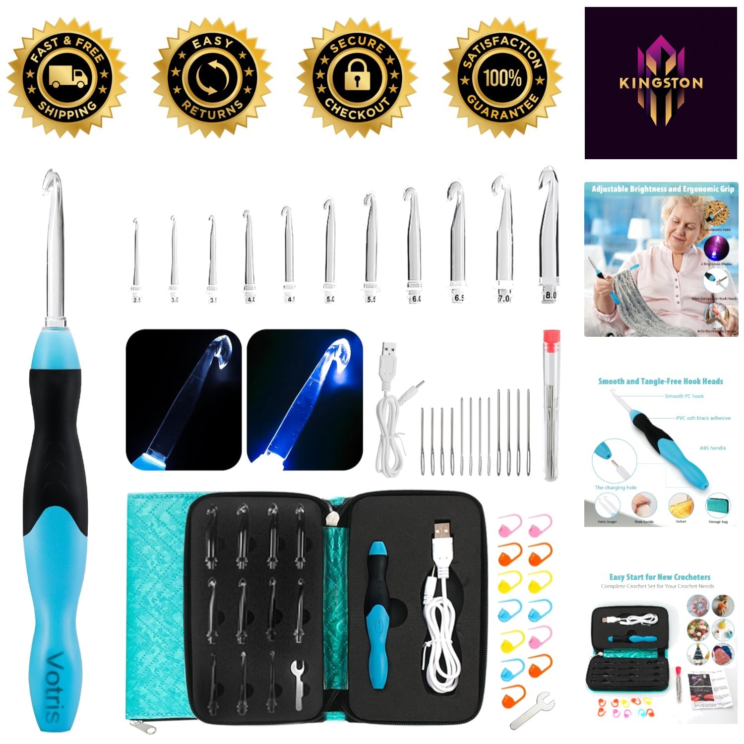 All-in-One Lighted Crochet Set - Ergonomic Hooks with Interchangeable Heads