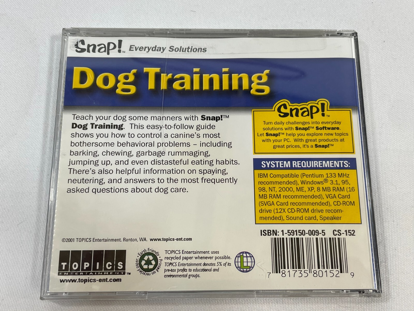 Vintage 2001 Snap! Everyday Solutions DOG TRAINING IBM/PC Software CD-ROM SEALED