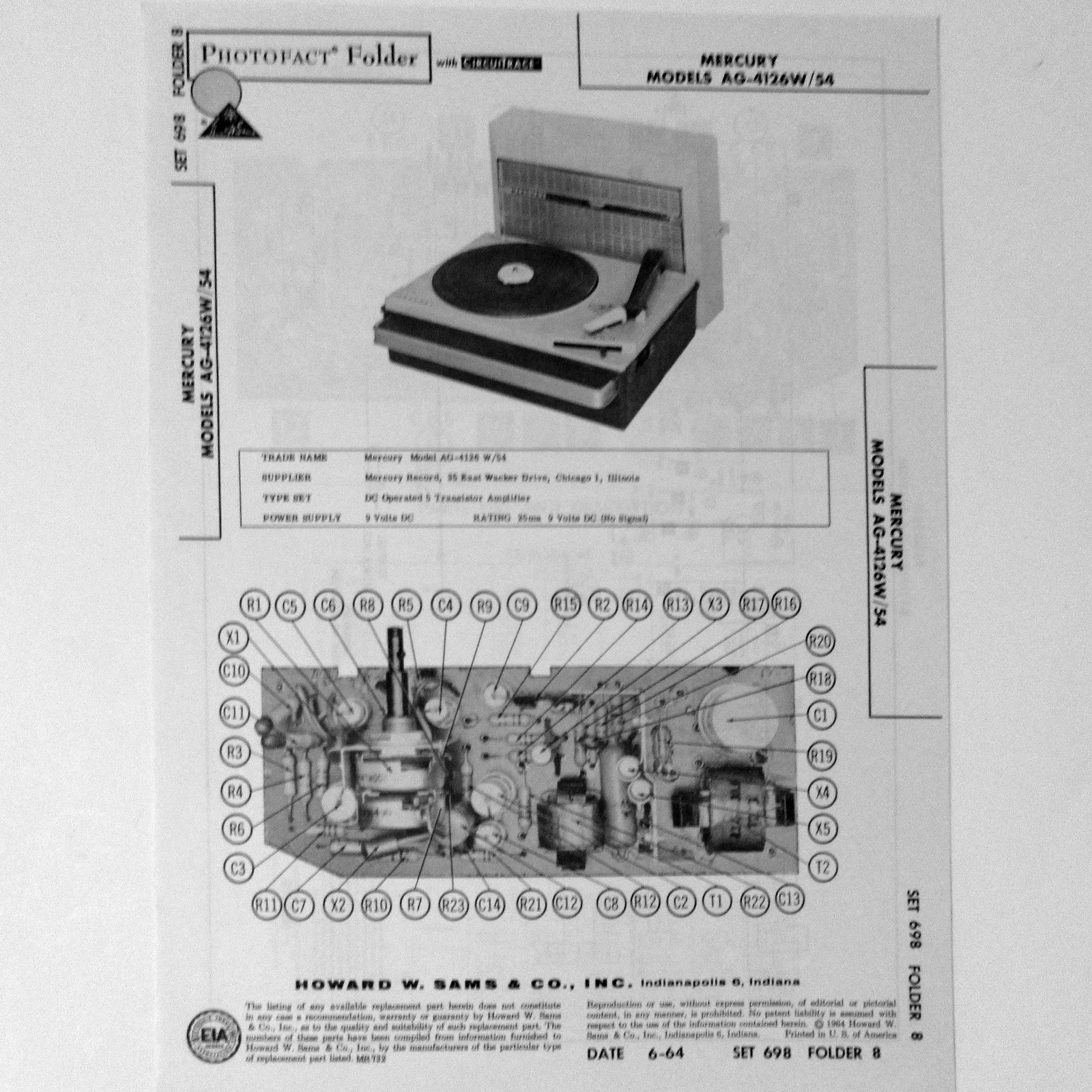 Mercury Models AG-4126W AG-4154 Portable Record Player SAMS Photofact ™ 1964 New