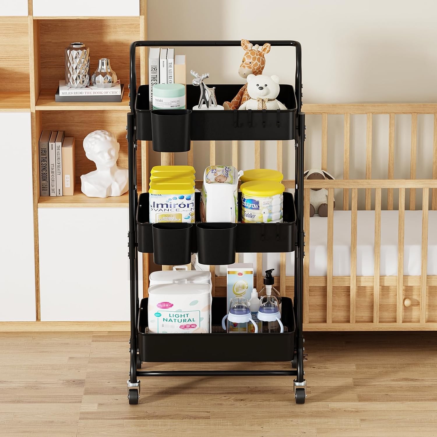 3 Tier Foldable Rolling Cart W/ Wheels Folding Utility Cart Organizer