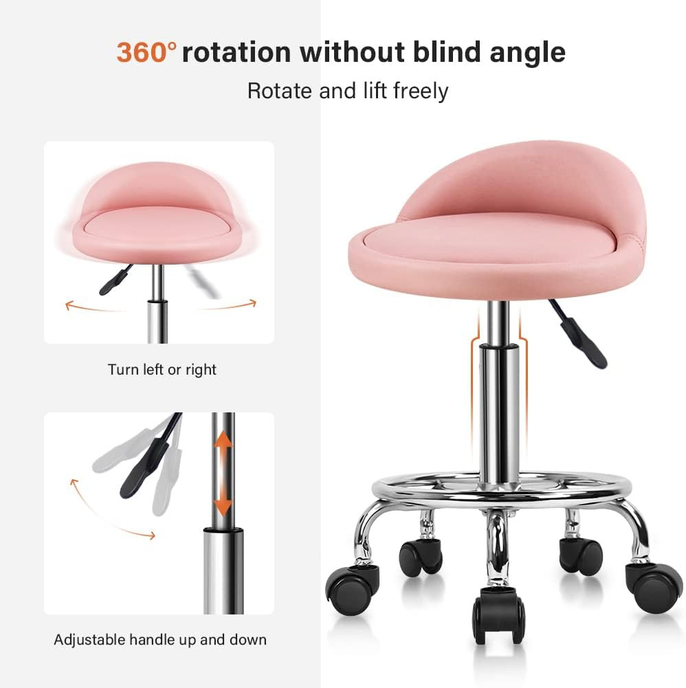 PU Leather round Rolling Stool with Foot Rest Height Adjustable Swivel Drafting