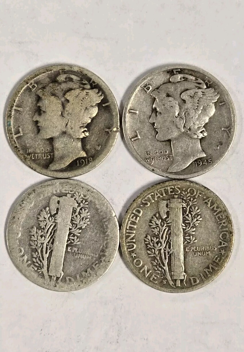140CS2104 LOT OF 4 MERCURY DIMES 1918-45 SAN FRANCISCO 10c COINS G 81+ YEARS OLD