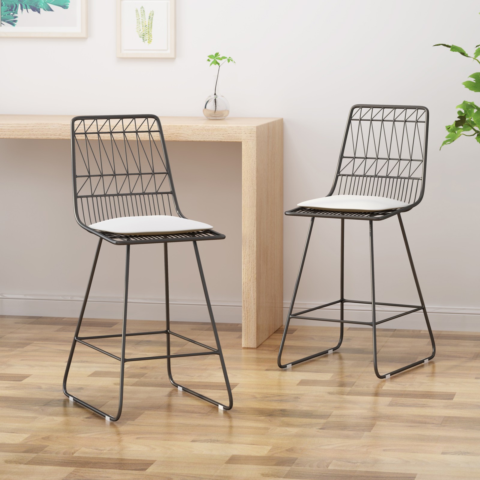 Modern Wire Counter Stools with Cushions (Set of 2) For Indoor & Outdoor