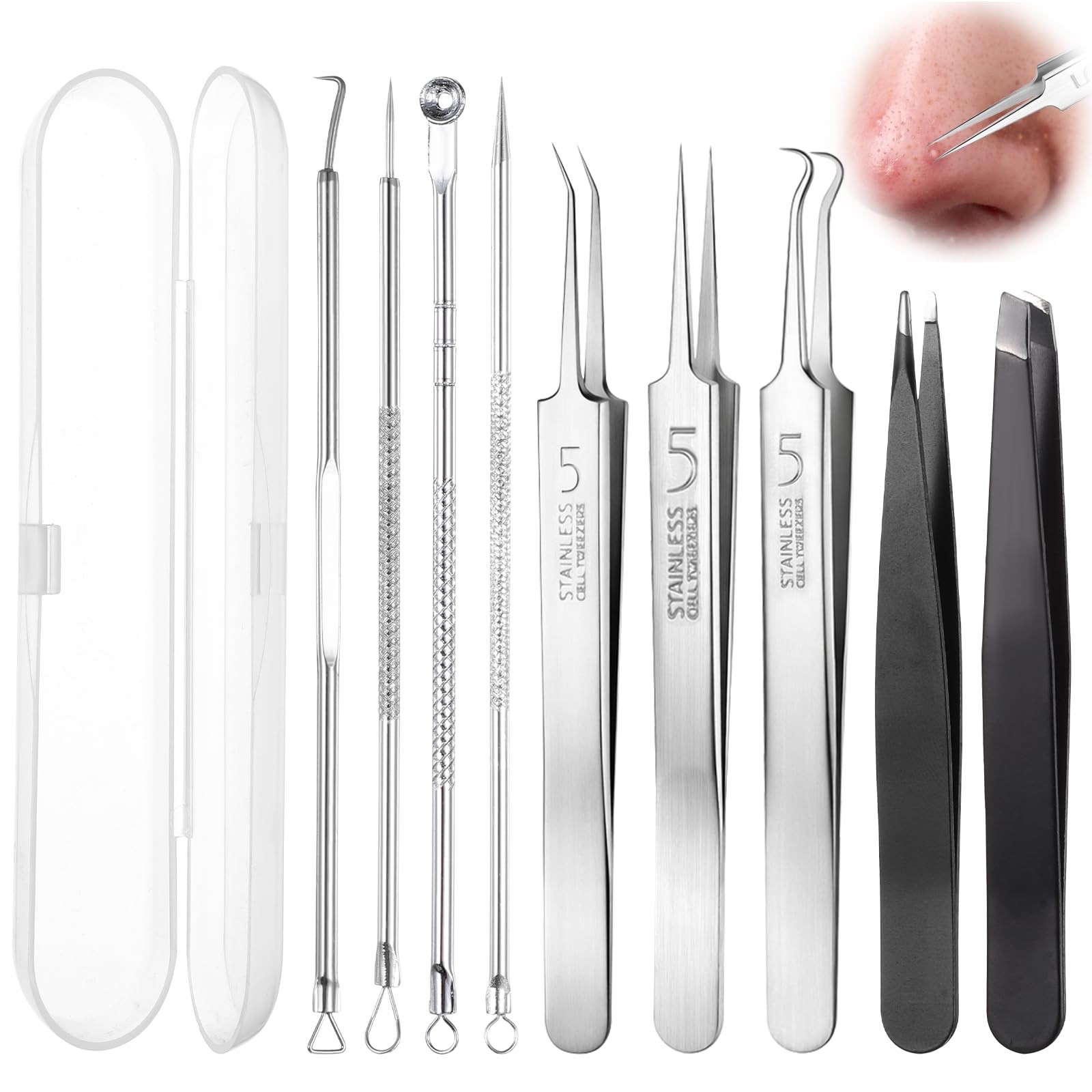 QFGasre 9pcs Professional Blackhead 1 Count (Pack of 9), Silver, Black