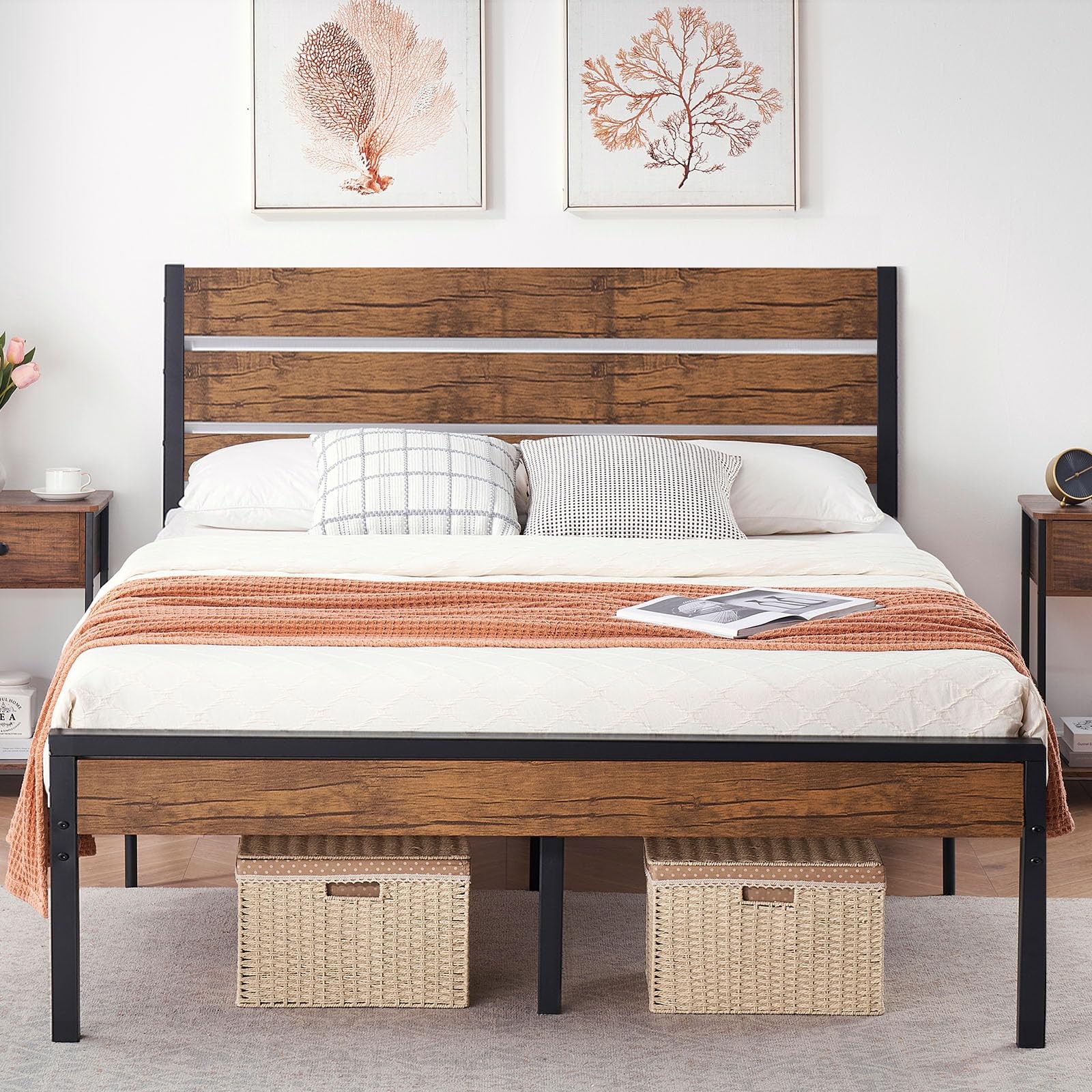 Queen Size Bed Frame w/ Wood Headboard Metal Bed Frame Strong Wood Slats Support