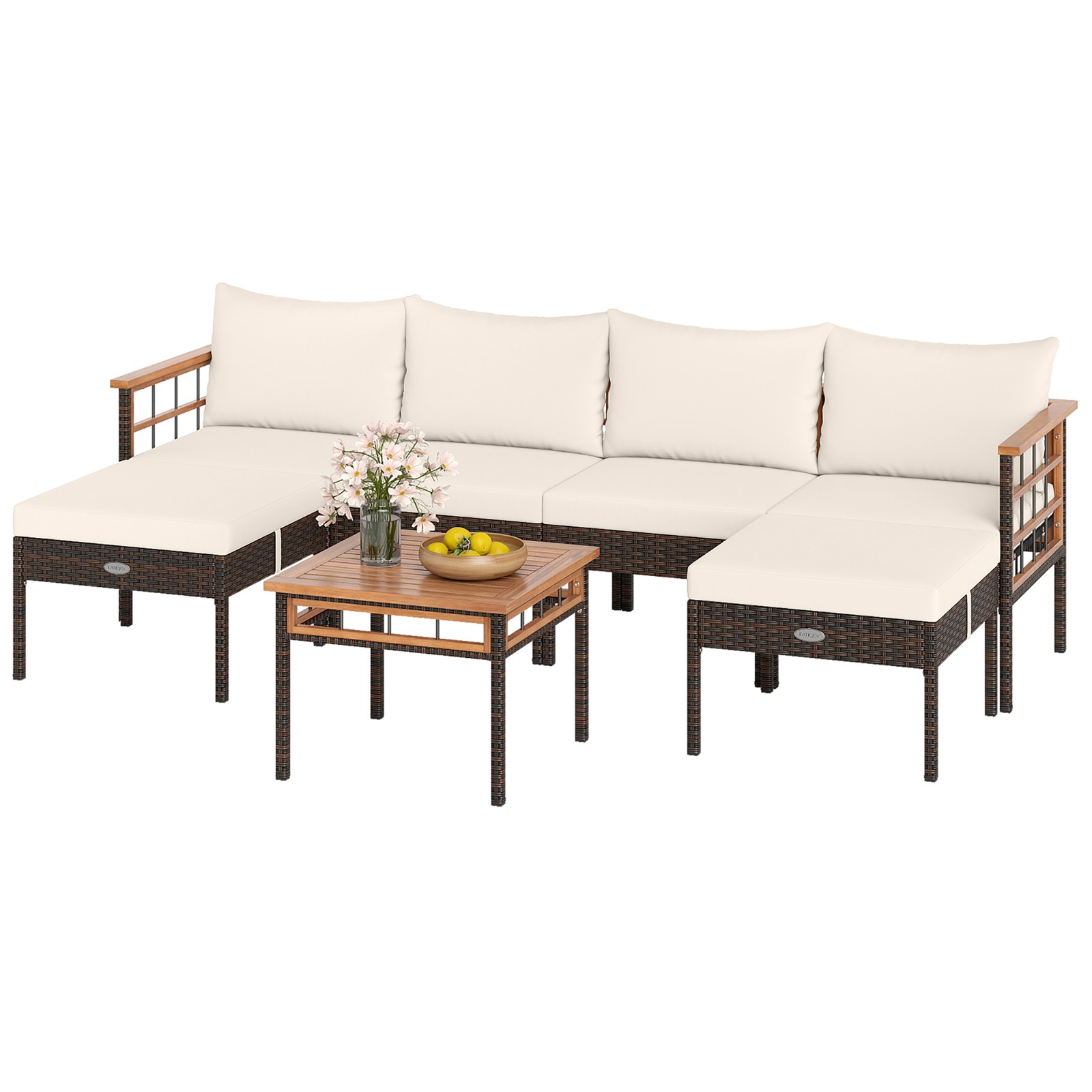 Set of 7 Wicker Furniture Set w/Ottomans Side Table Acacia Wood Tabletop
