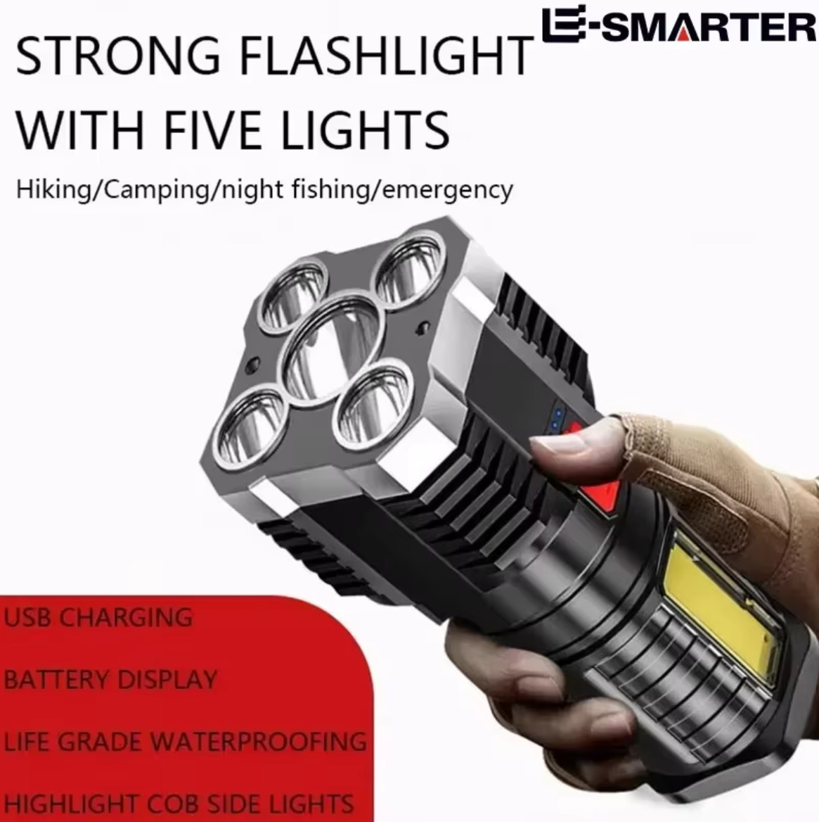 5LED High Power Led Flashlights Rechargeable Camping Spotlight with Side Light
