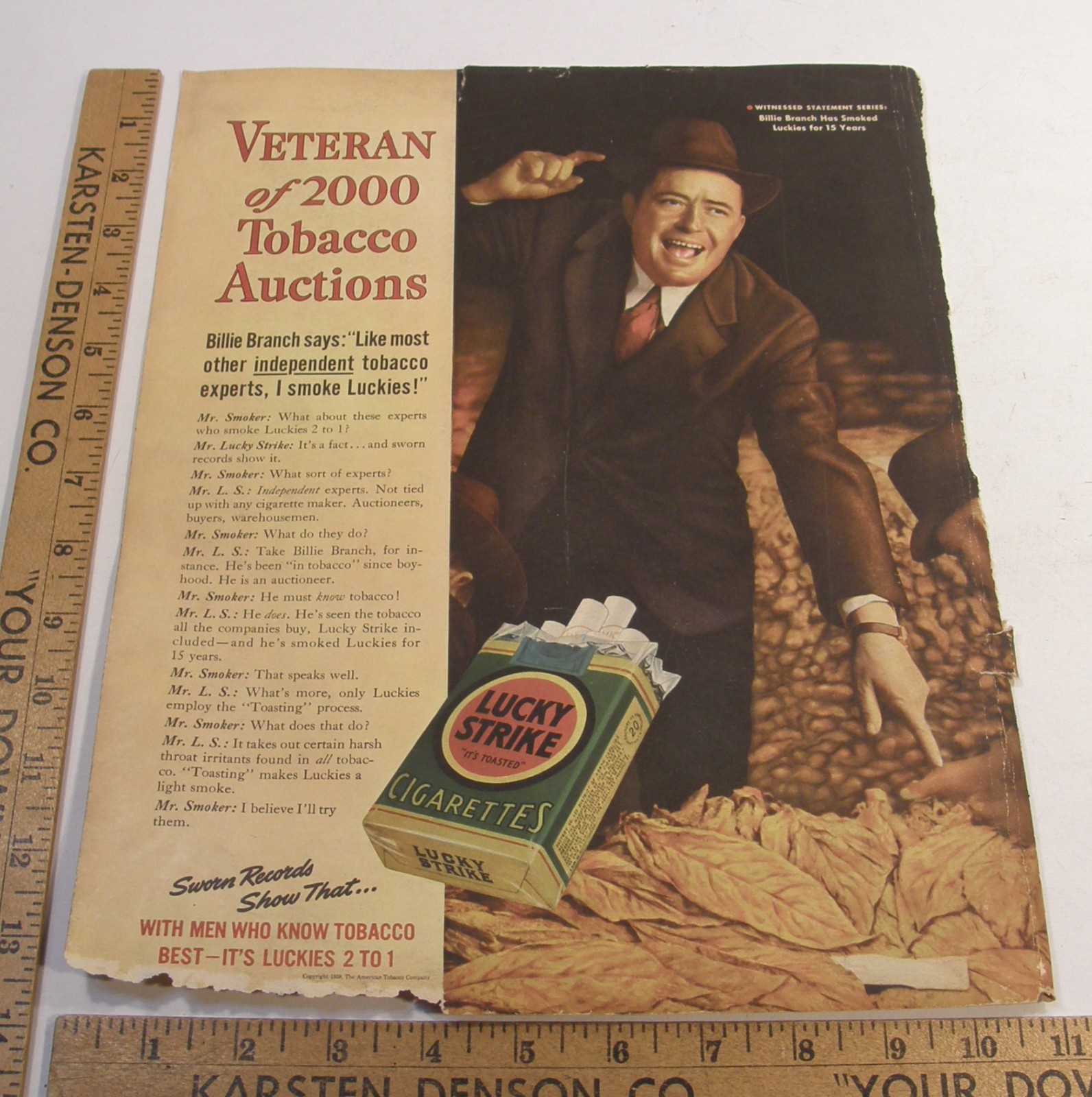 1938 LUCKY STRIKE CIGARETTES FORTUNE MAGAZINE PRINT AD TOBACCO AUCTIONEER