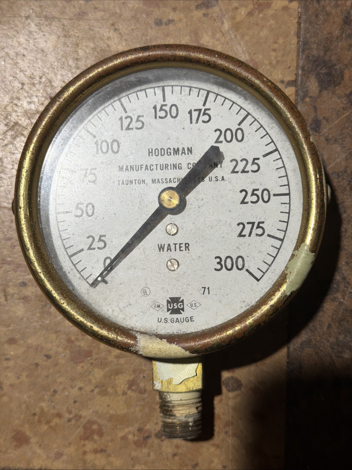 Vintage Hodgman MFG. Co. Taunton, MA 250psi Brass Air Pressure Gauge 3.75"