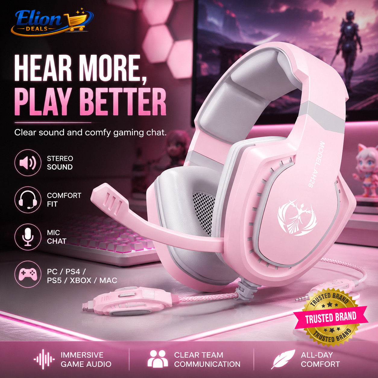 Pink Gaming Headset w/Mic for Girls Women PS5 PS4 Xbox PC Mac Laptop Stereo Bass