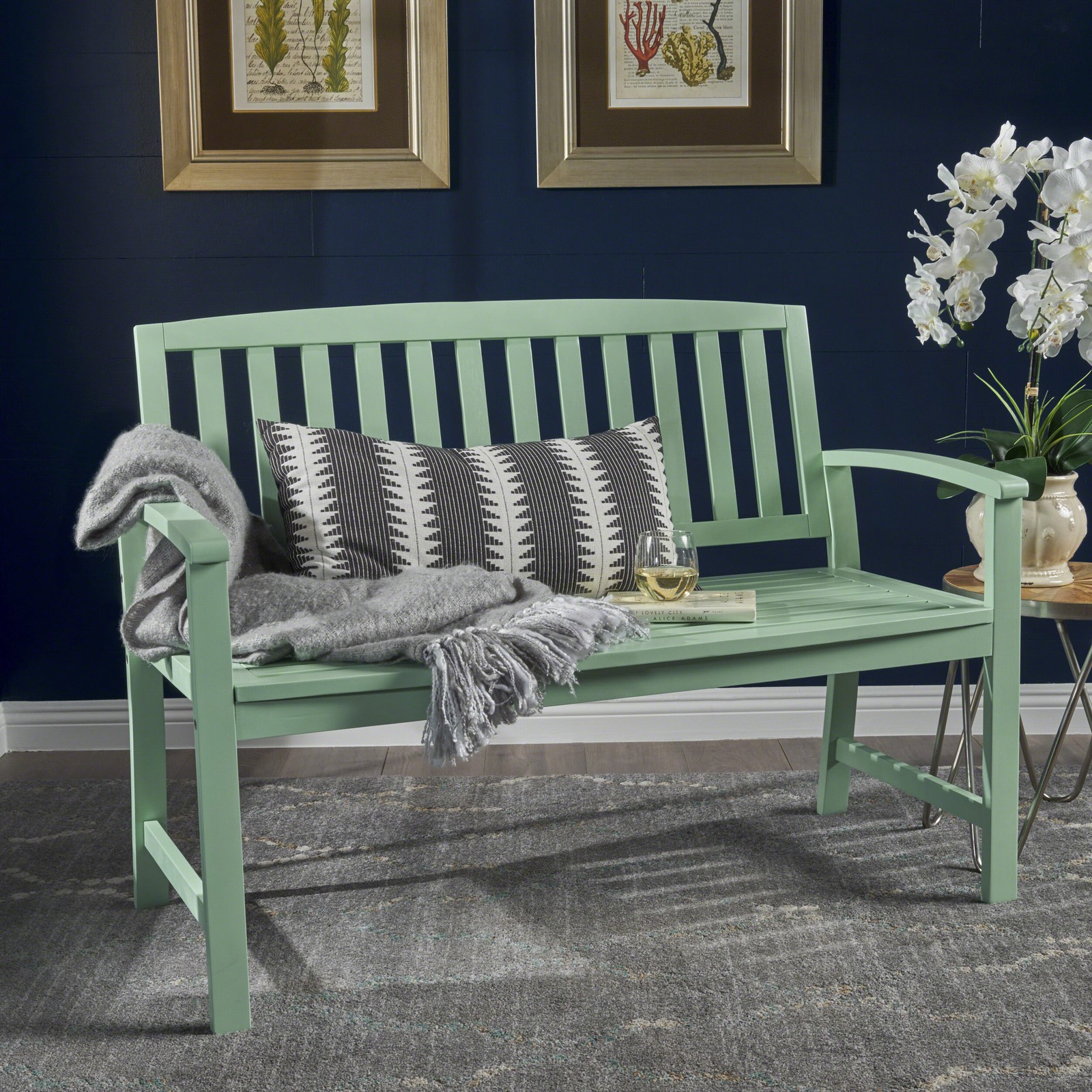 Farmhouse Acacia Wood Bench for Patio Indoor Outdoor, Light Mint, 48.5"W