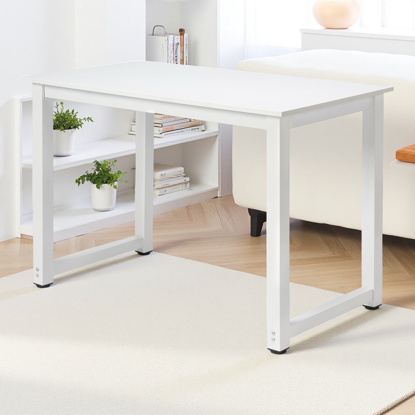 Simple Computer Desk - Portable, White, Steel White Frame & Adjustable Foot Pad