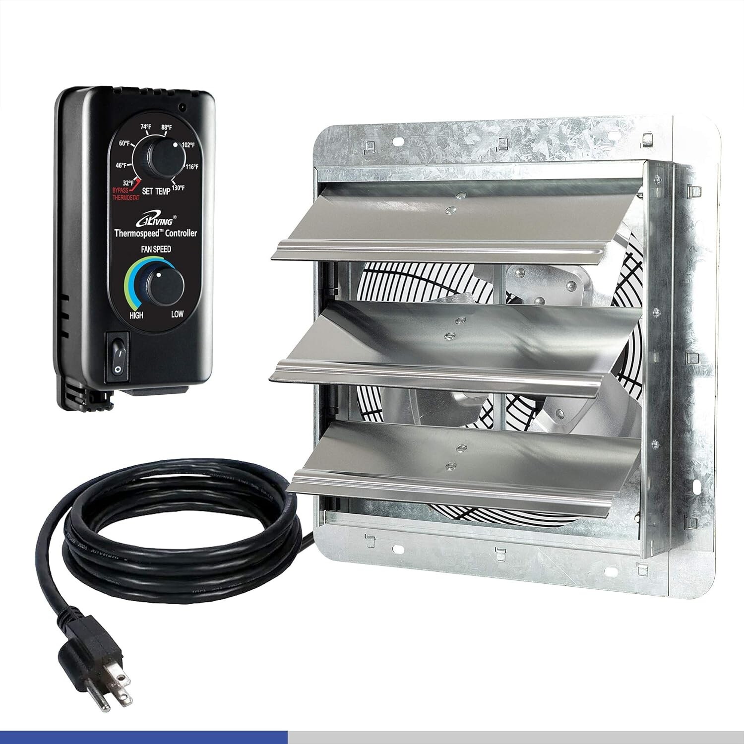 12" Wall Mounted Shutter Exhaust Fan, Automatic Shutter, with Thermostat and Var