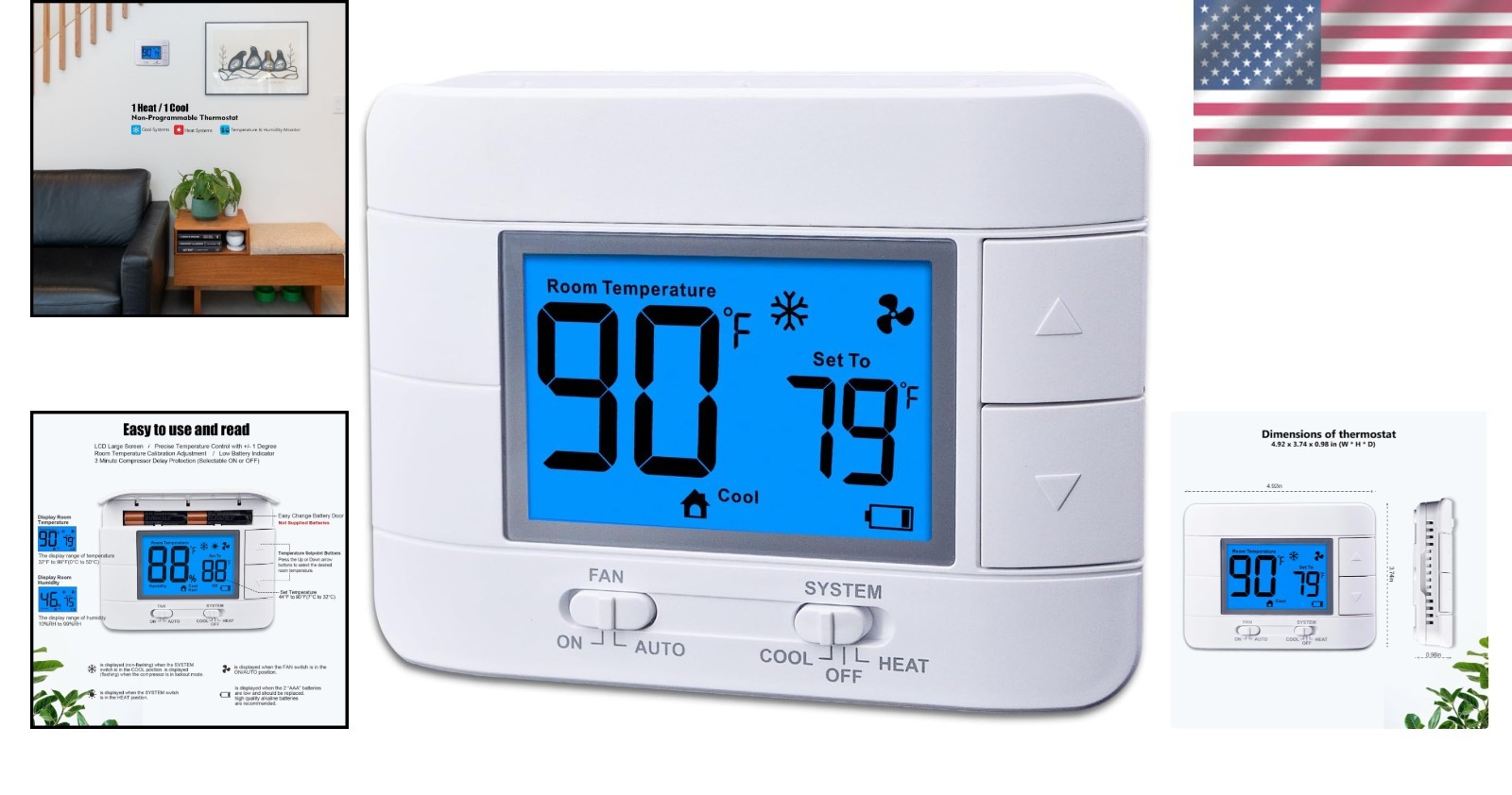 Single Stage 1H/1C Thermostat - Large LCD with Temperature & Humidity Display