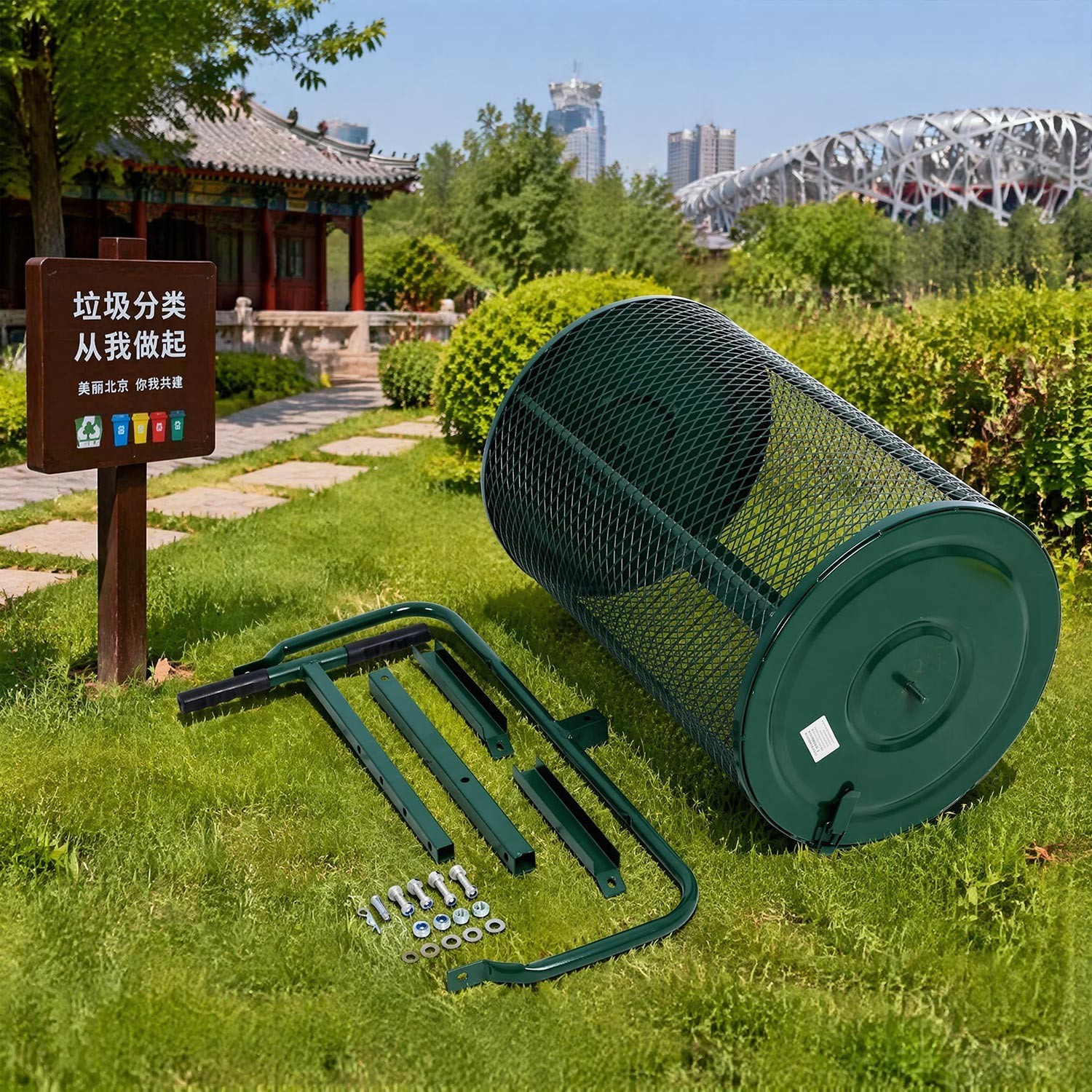24" Peat Moss Spreader Heavy Duty Compost Roller Adjustable T Handle Lawn