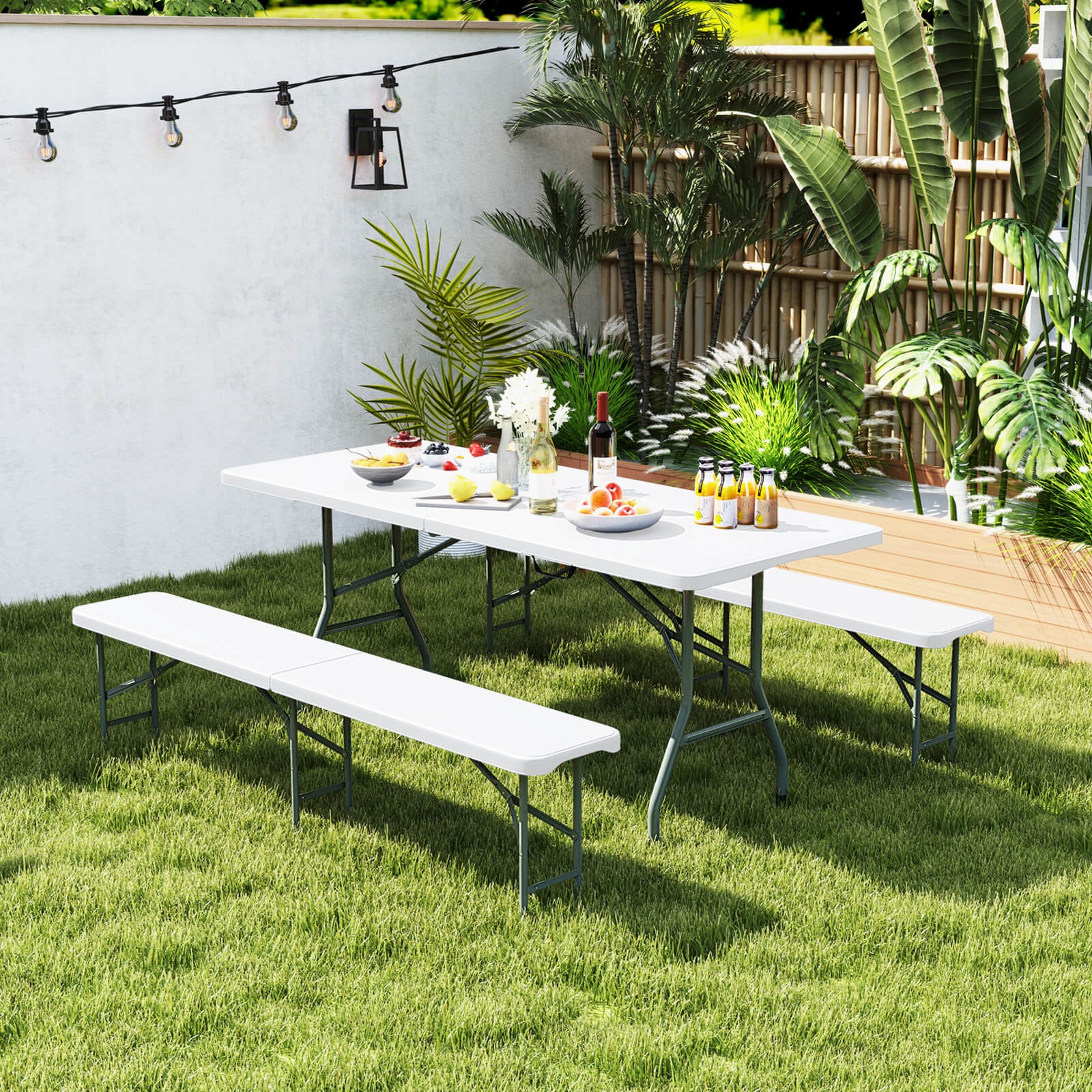3 PCS Folding Picnic Table Set with 6 ft Table & 2 Benches HDPE Tabletop Bench