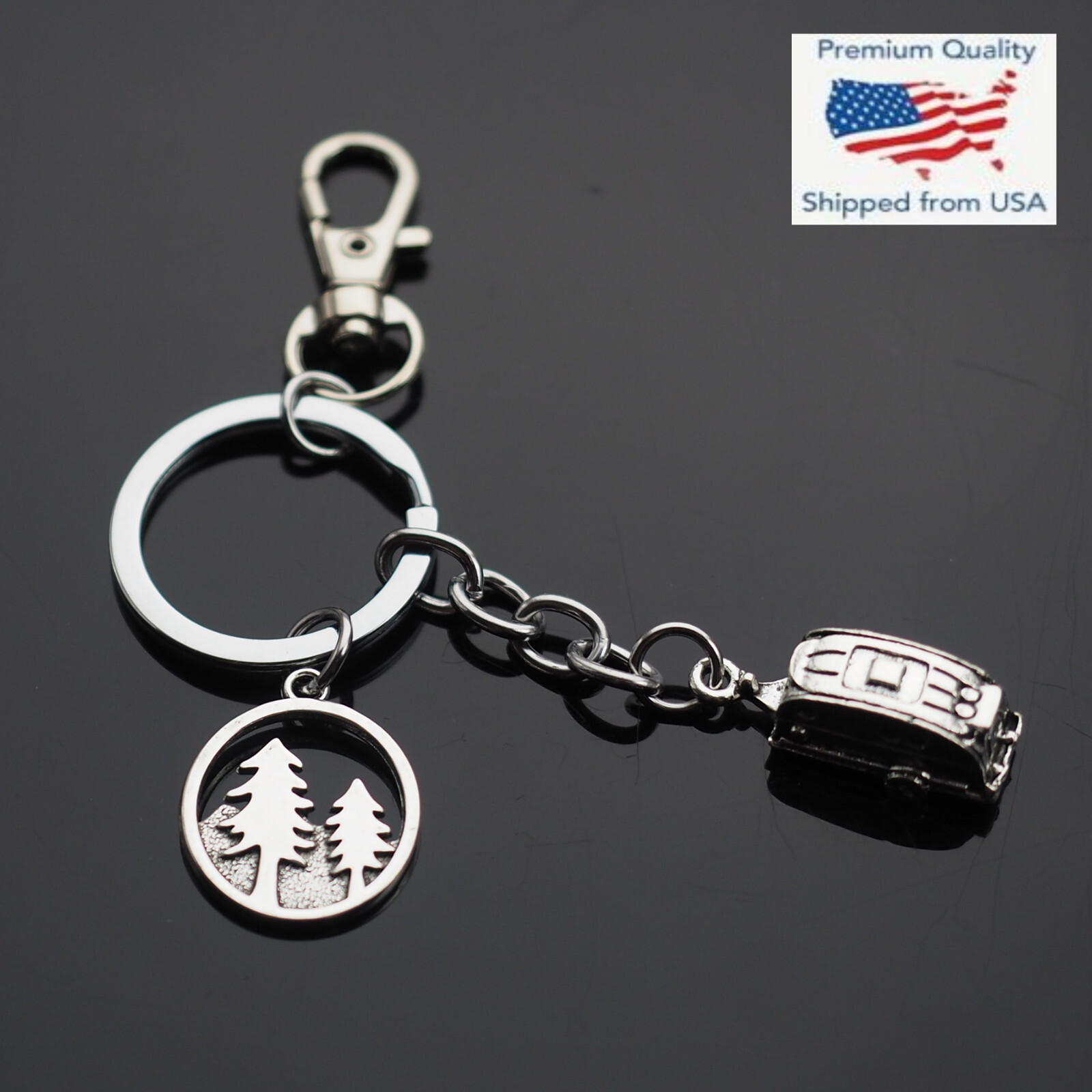 Vintage Trailer Camper Camping RV Forest Pine Trees Pendant Keychain Key Chain