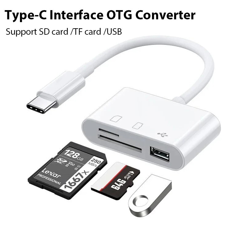 1pc USB-C Memory Card Reader TF SD CF OTG Adapter Compact White Hub - NEW