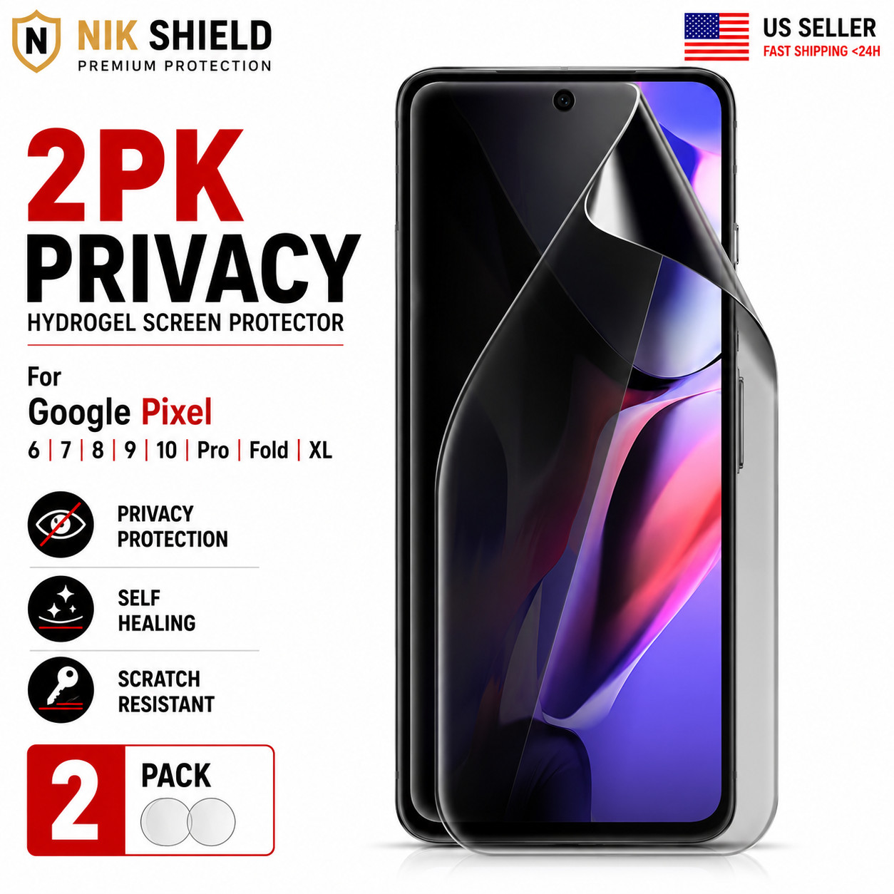 2PK Privacy Hydrogel Screen Protector For Google Pixel 6 7 8 9 10 Pro Fold XL