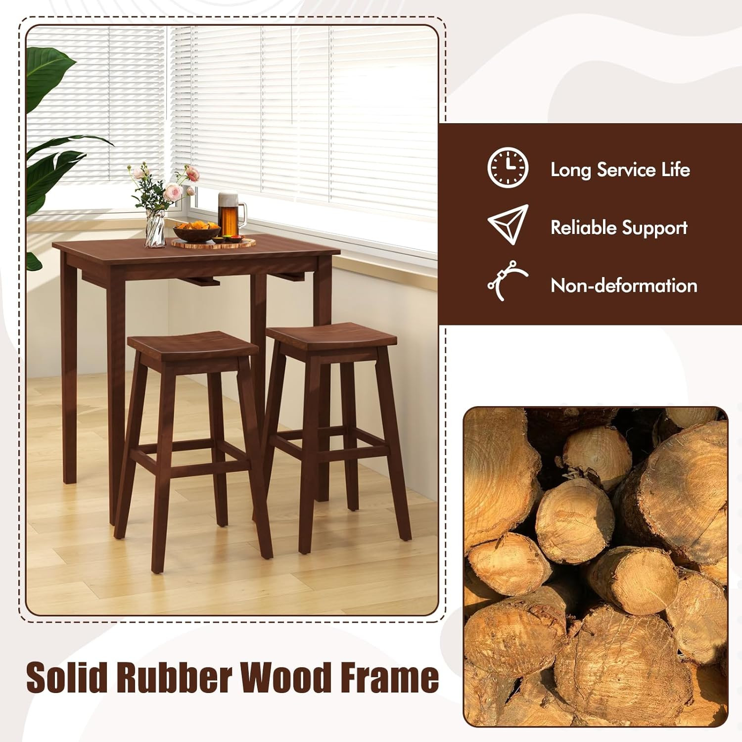 Stylish 3-Piece Wooden Bar Table Set with Saddle Stools for Small Spaces