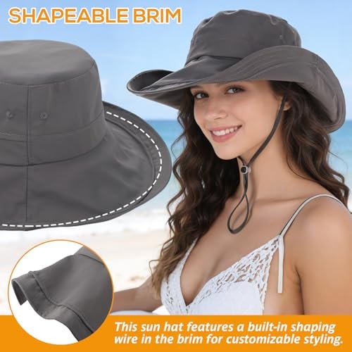 UPF 50+ Women's Sun Hat, Waterproof Wide Brim Bucket Hat, Ponytail Dark Grey