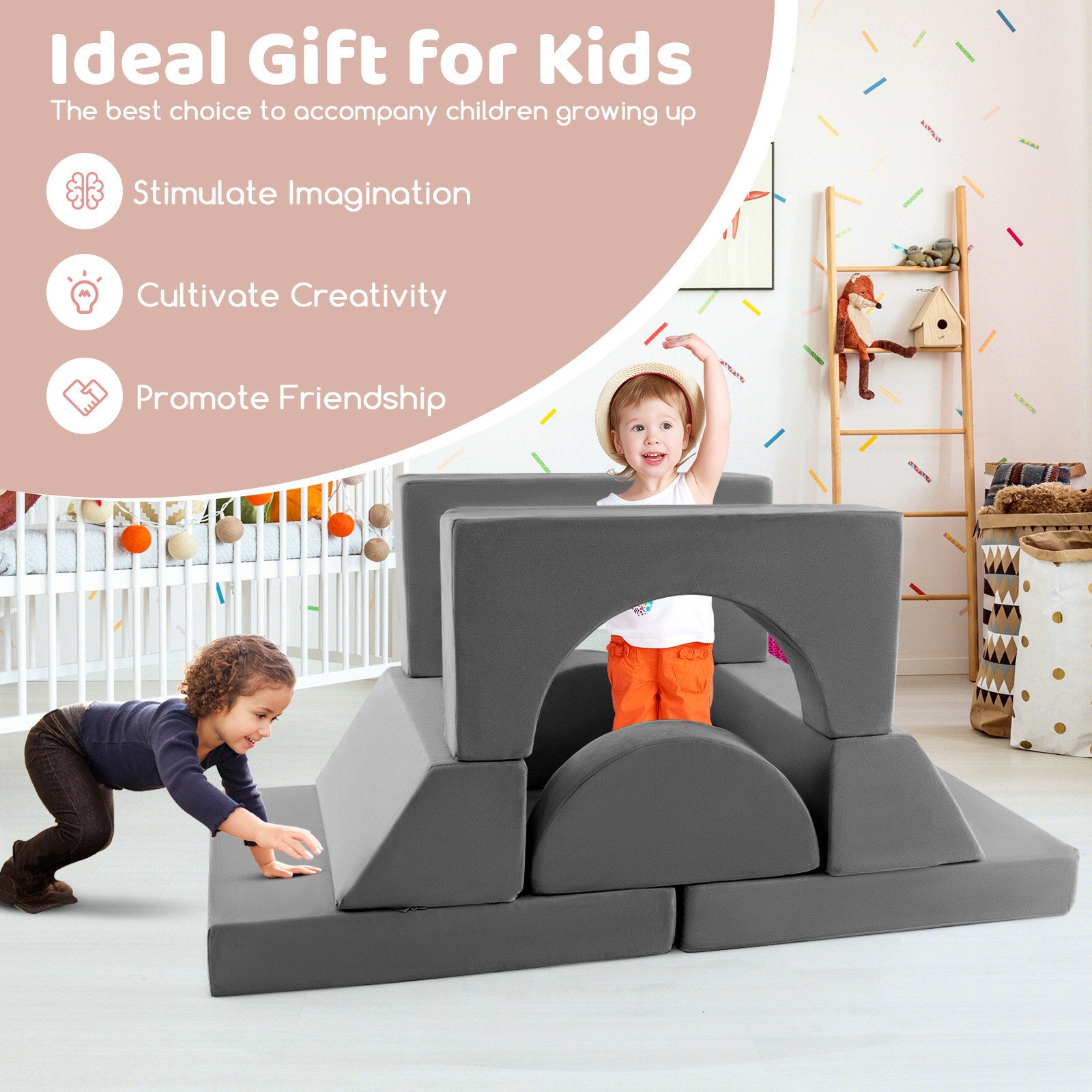 Kids Modular Play Sofa 8 PCS w/ Detachable Cover for Playroom & Bedroom Indoor