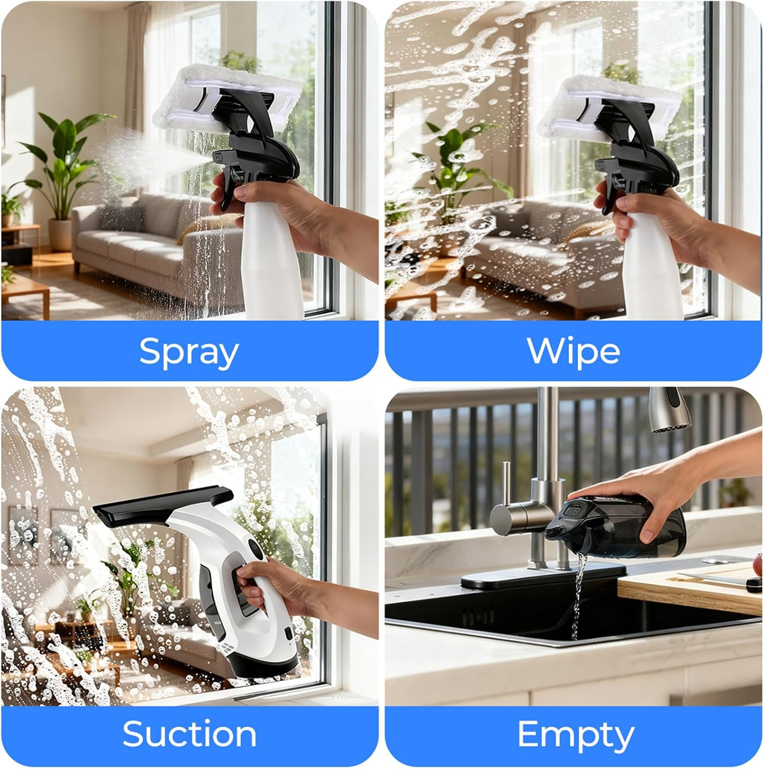 Window Vacuum Squeegee Cordless, Electric Window Cleaner Squeegee with 2000Pa Su
