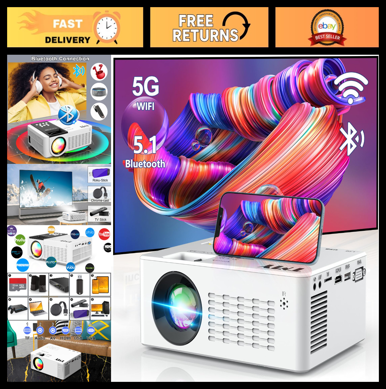 Mini Bluetooth Projector 1080P, WiFi Compatible, HDMI USB for TV Stick & Phone
