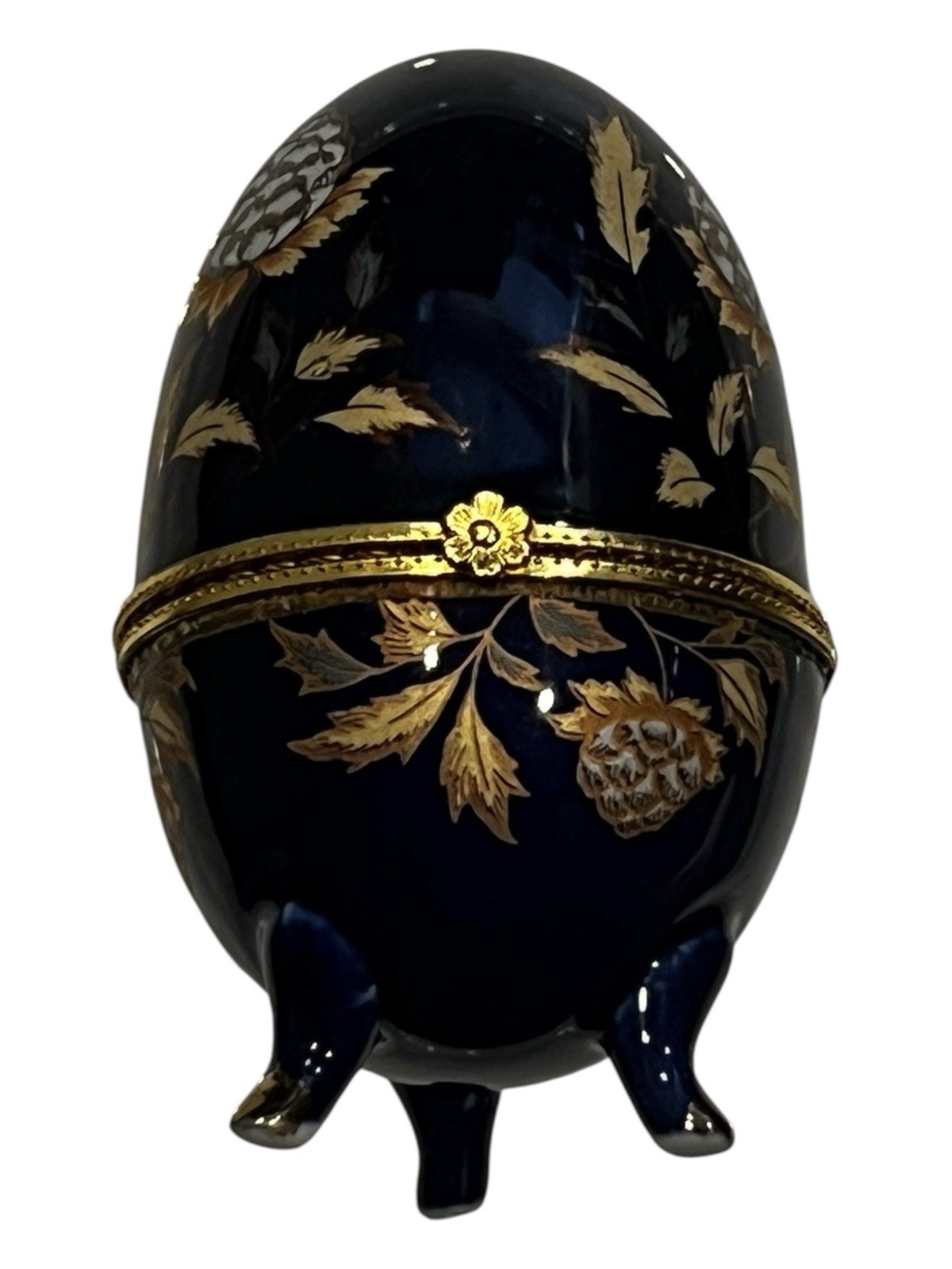 Cobalt Blue Porcelain Egg Form Trinket Box w/ Flowers Decoration 4-1/4” x 2-1/2”