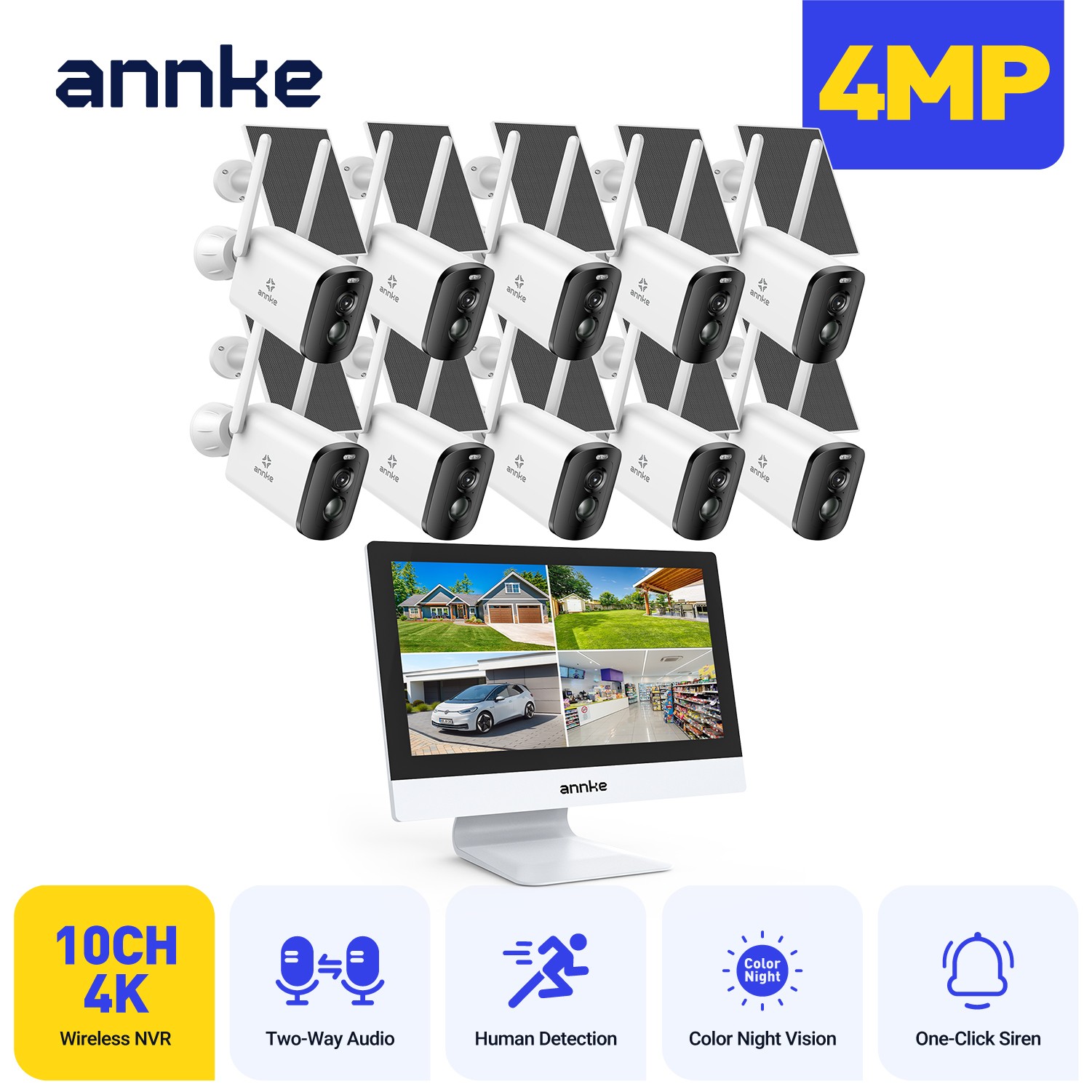 ANNKE 4MP Wireless Solar Powered Security Camera System 12” 10CH NVR 2 Way Audio
