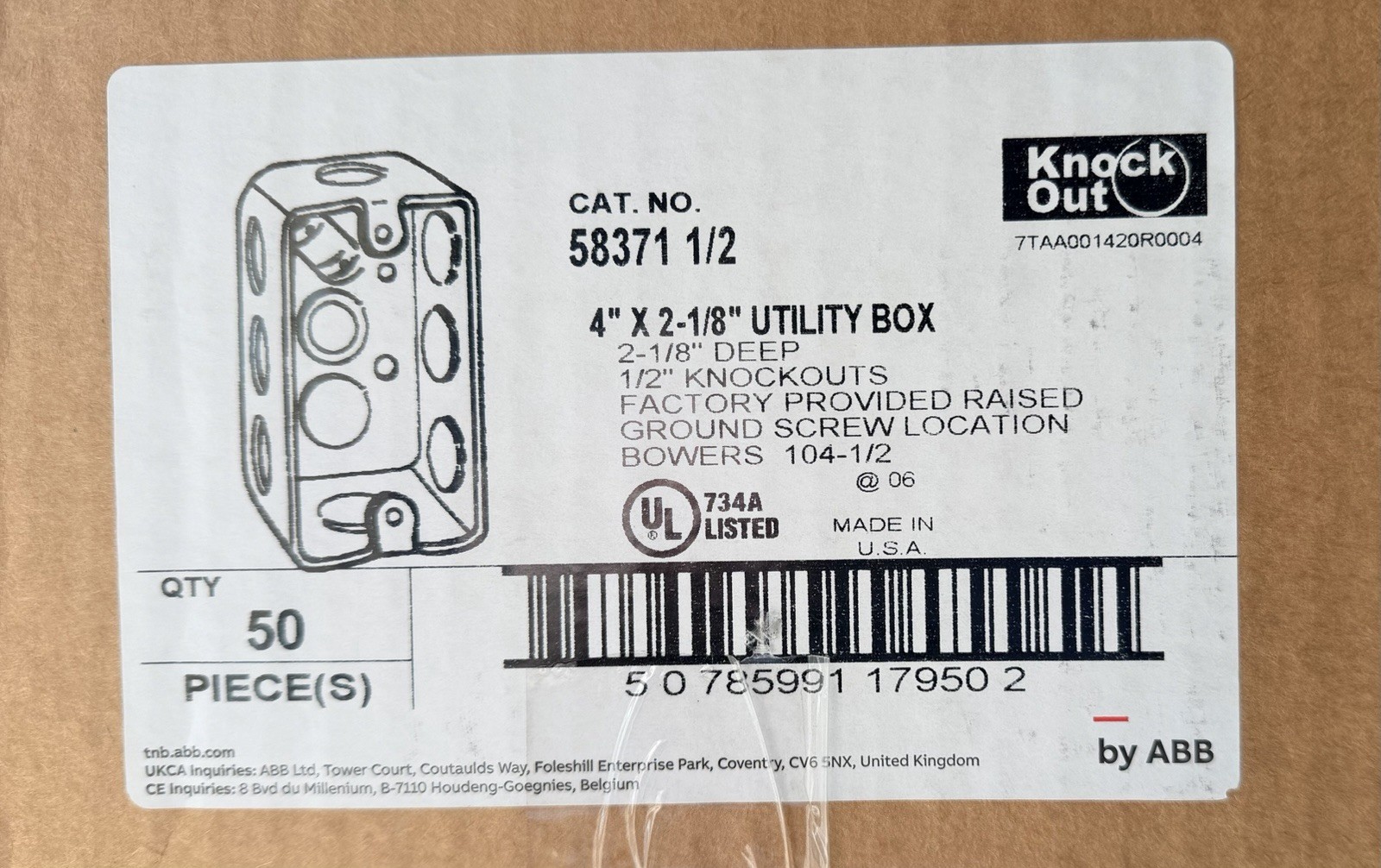 T & B Knock Out 58371 - 1/2 (Box of 50) 4" x 2-1/8" Utility Boxes