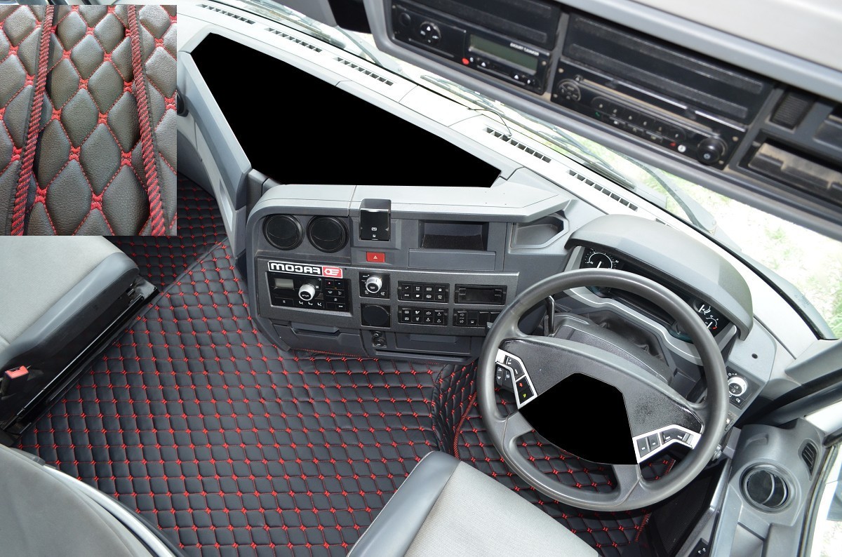 ECO LEATHER FLOOR MATS SET-BLACK/RED  FIT RENAULT T RANGE  WITH ENGINE HUMP