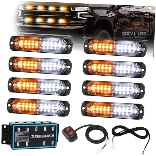 LED Grille Lights for Trucks 8Pcs 12smd Surface Mount Emergency Amber / White