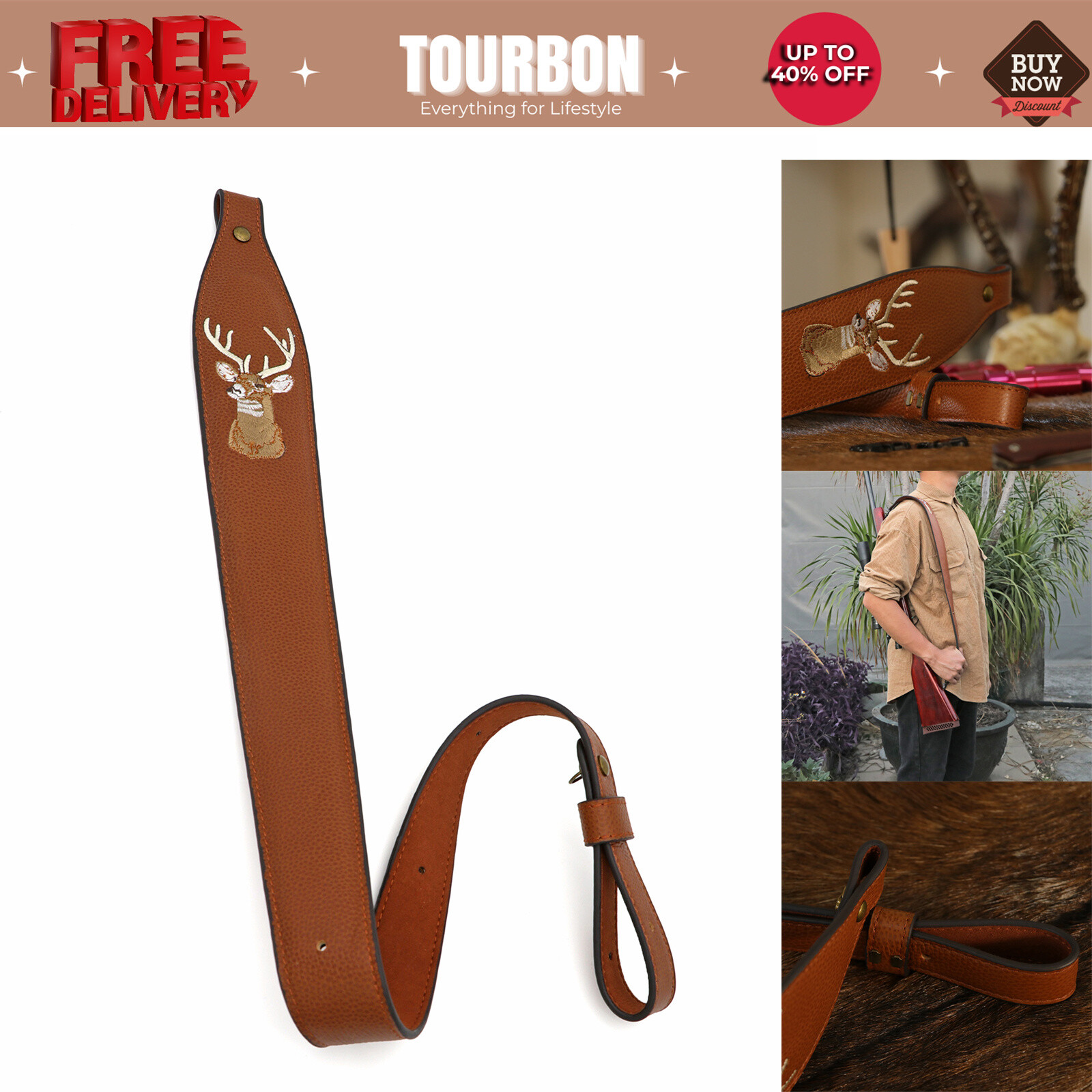 Tourbon Leather Rifle Sling Shotgun Carry Strap 2 Points Padded Adjustable Belt