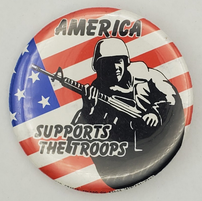 Vintage Operation Desert Storm Support Our Troops Pinback Button Flag w Soldier