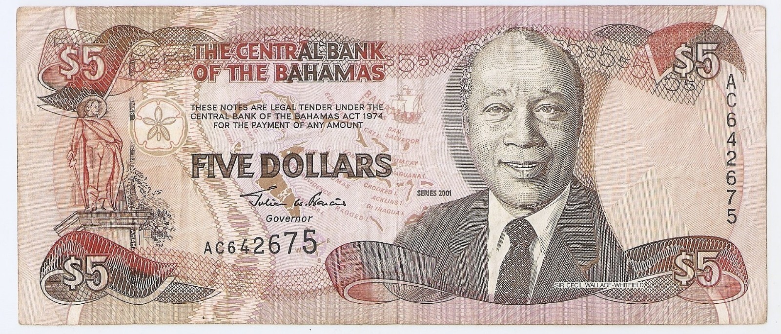 Bahamas 5 dollars 2001 Sir Wallace-Whitfield, dancers Junkanoo High grade!!!