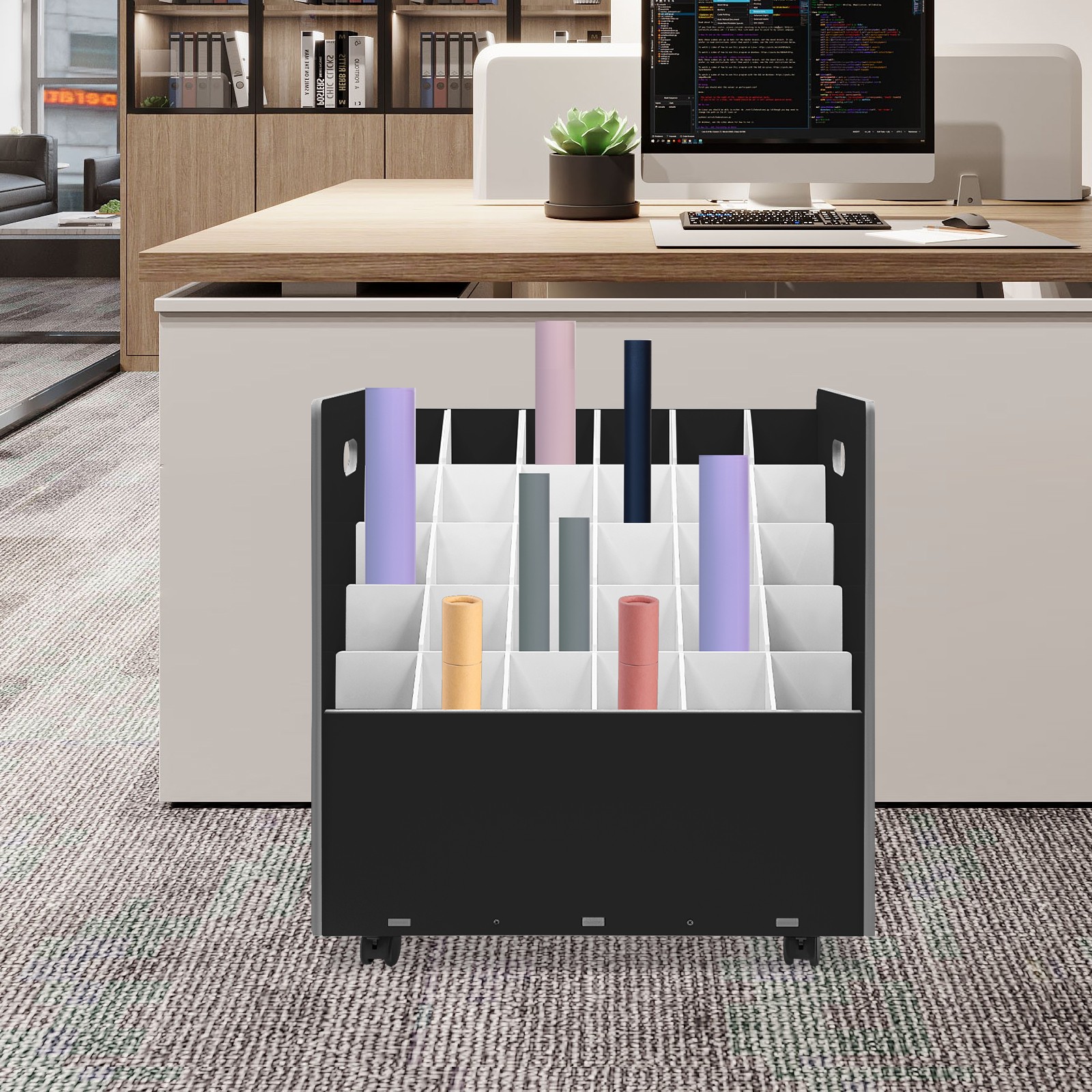Mobile Roll File Storage Rack, Roll Files Storage Cabinet with Wheels, 30 Slots
