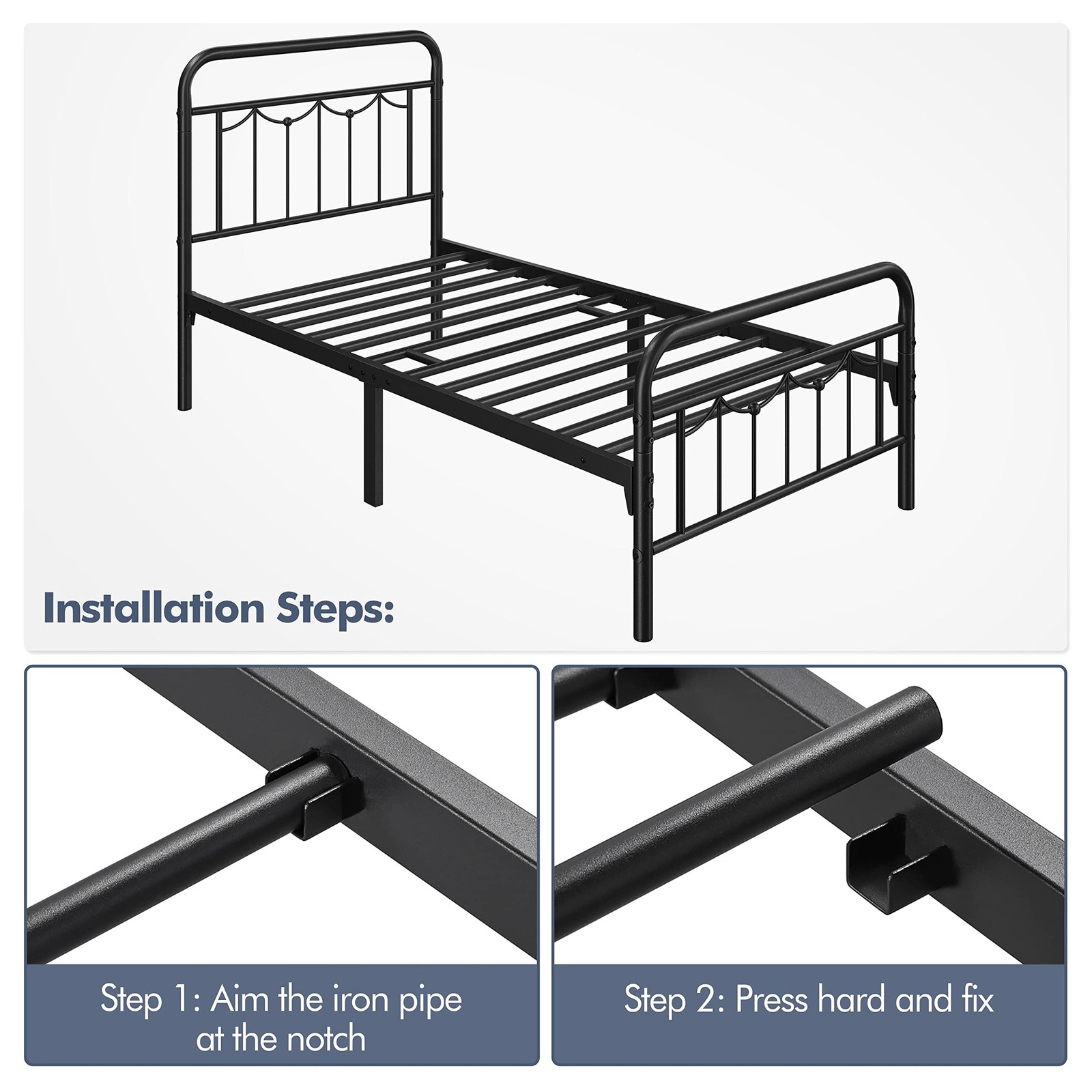 Twin Metal Bed Frame with Vintage Headboard and Footboard, 12.6", Easy Assembly
