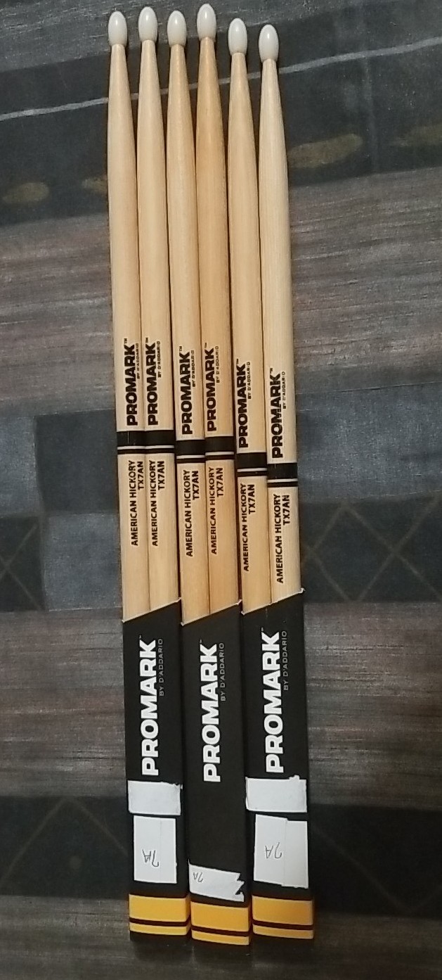 3 Pairs Pro Mark TX7AN American Hickory 7A Nylon Oval Tip Med Taper Drumsticks