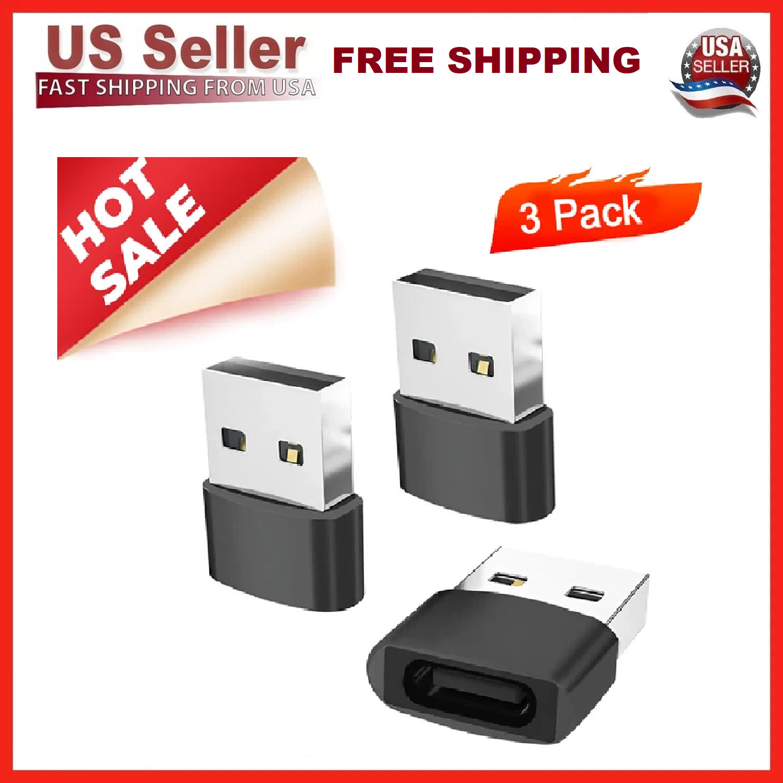 3 PACK USB to USB C Adapter Type-C Female to A Male OTG Converter Car Charger