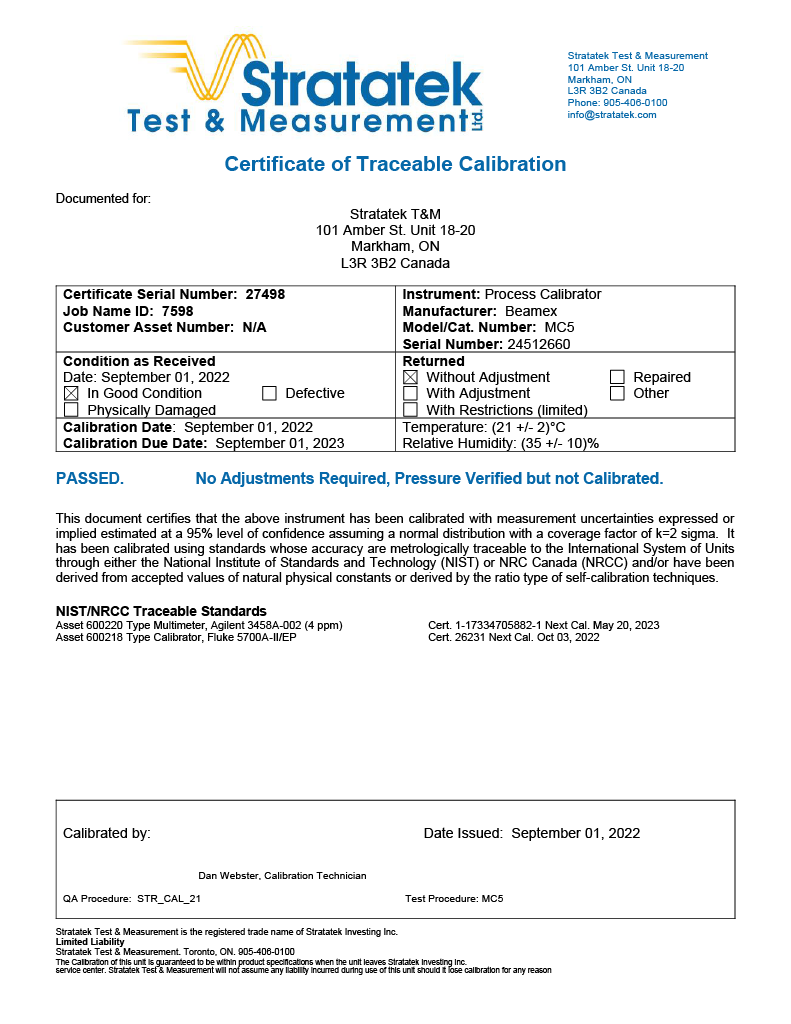 Beamex MC5 Multifunction Process Calibrator Fluke Leads - NIST Calibrated