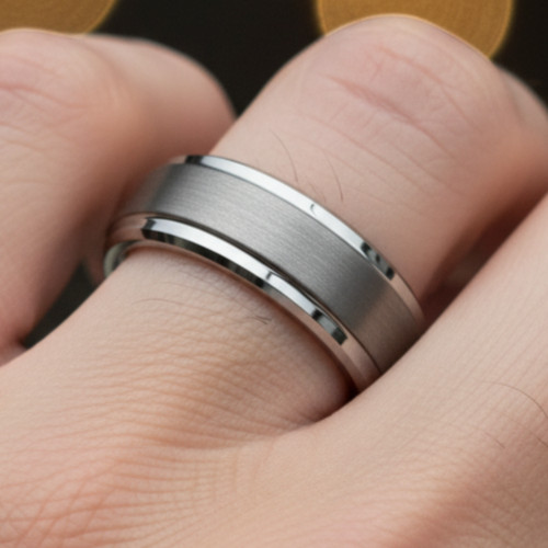 7mm Tungsten Carbide Brushed Silver Flat Pipe Cut Modern Statement Band