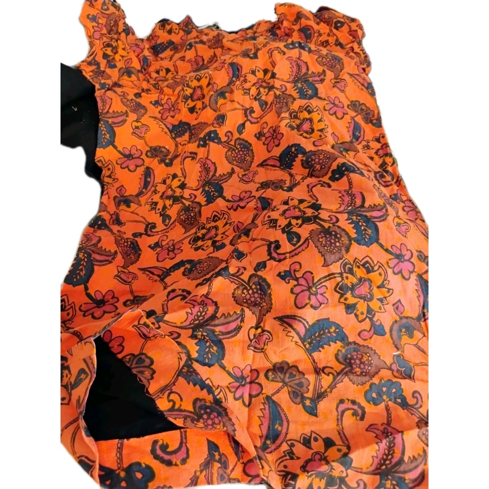 Vintage African Block Print Women Dress Red Orange Blk Fabric Remnant FLAW