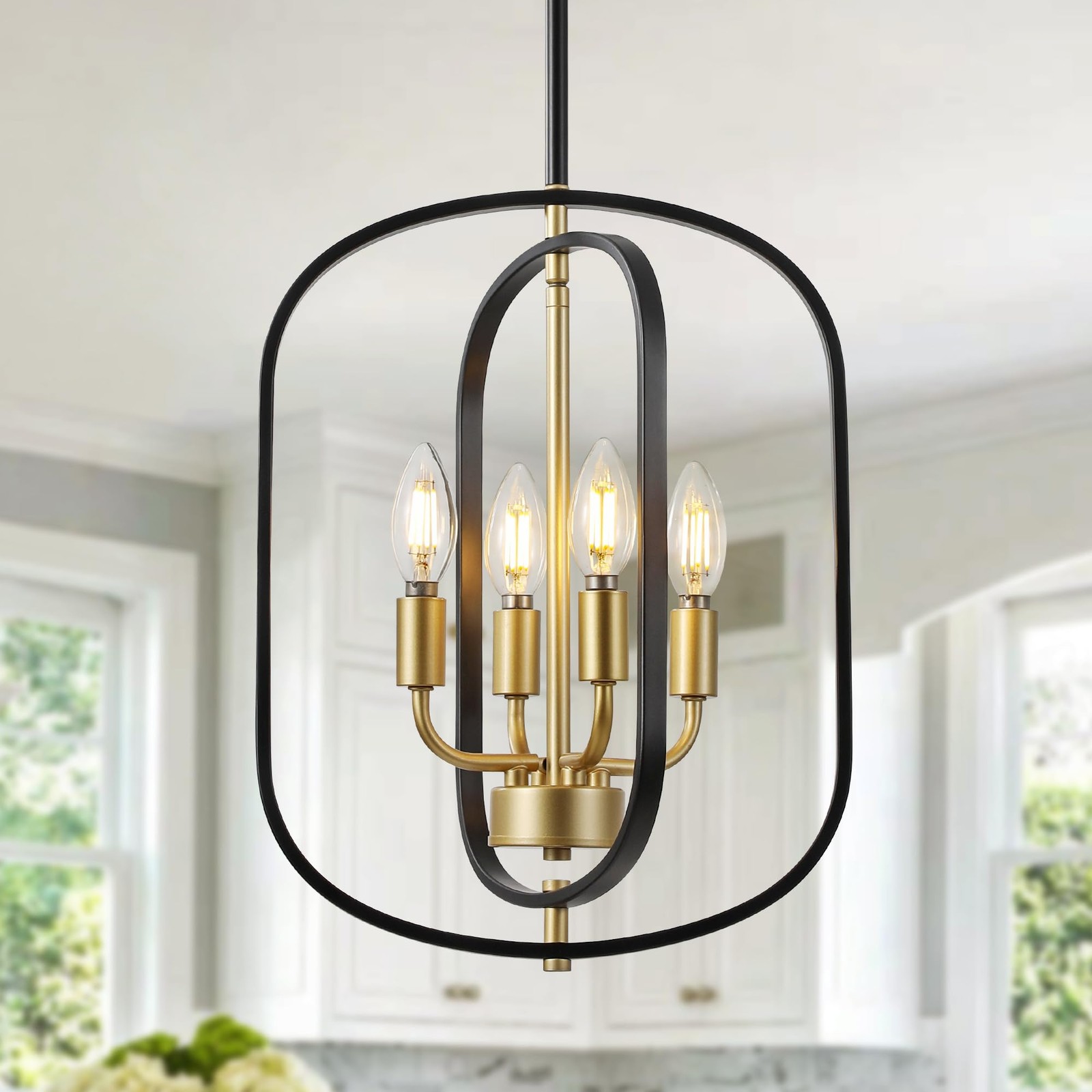 Small Black and Gold Chandelier for Foyer, 4-Light Geometric Metal Entryway L...