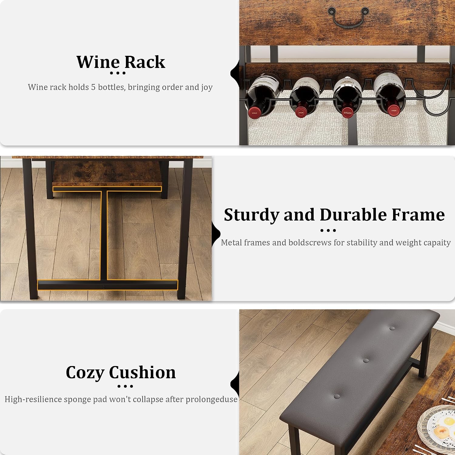 Dining Table Set 4 W/ Storage Drawers & Wine Rack Kitchen Table & Upholstered