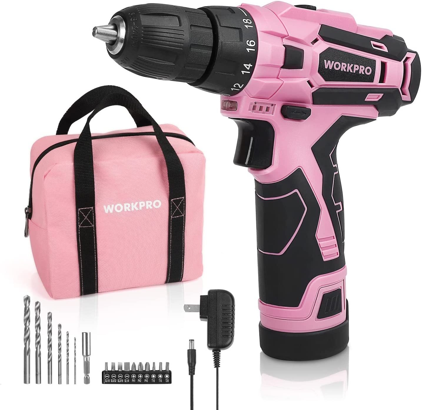 WORKPRO Cordless Drill Driver Kit 12V Screwdriver Driver Tool Kit Green/Pink NEW