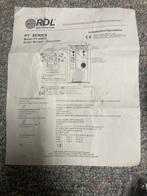 RDL PT-AMG2 Audio Generator Select MicLine Level InputOutput, Portable or Bench