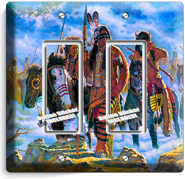CHIEF WARRIOR TRIBAL FEATHERS HORSE DOUBLE GFI LIGHT SWITCH WALLPLATE ROOM DECOR