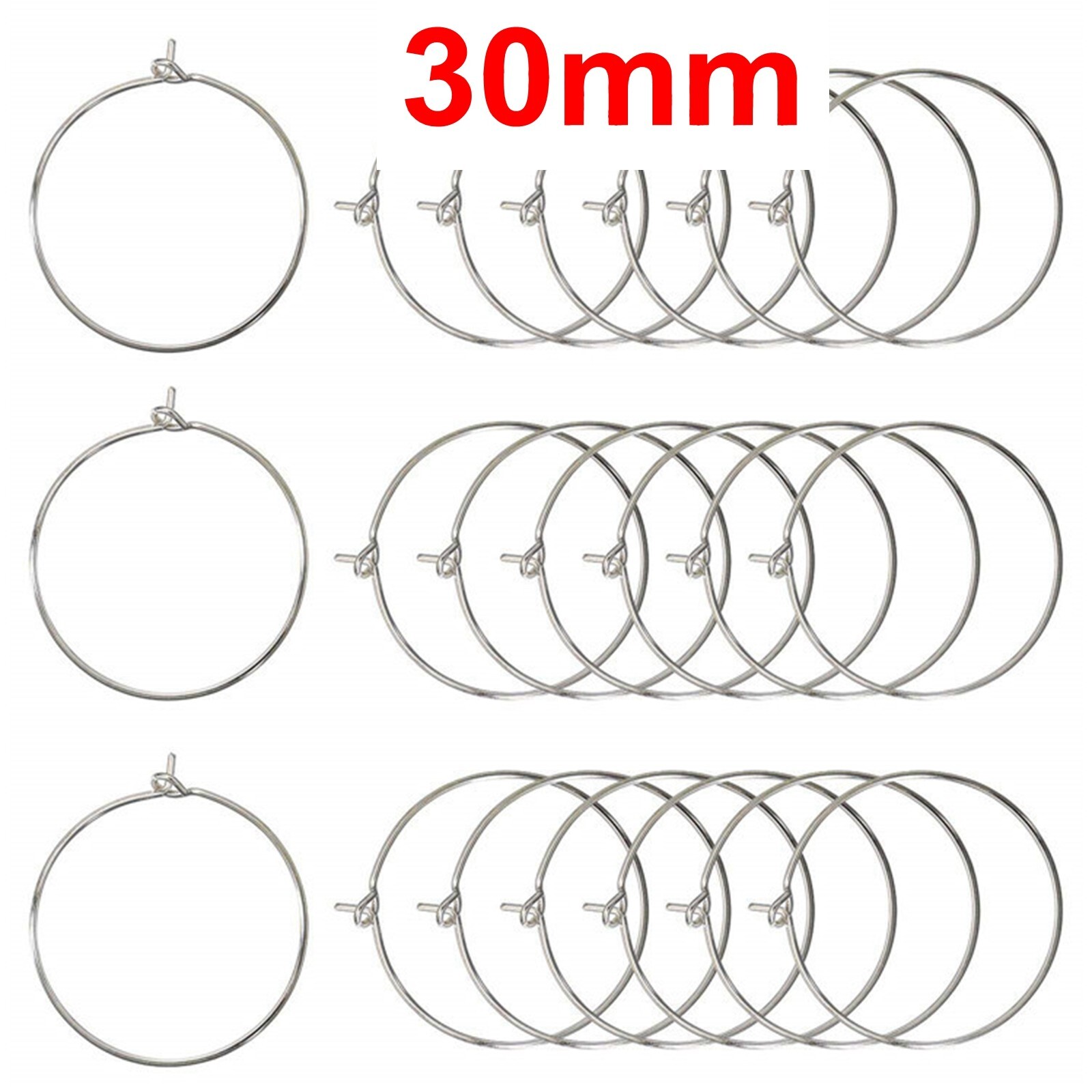 100 Silver Tone Wine Glass Charm Rings ~ Round Earring Hoops 30mm Jewelry