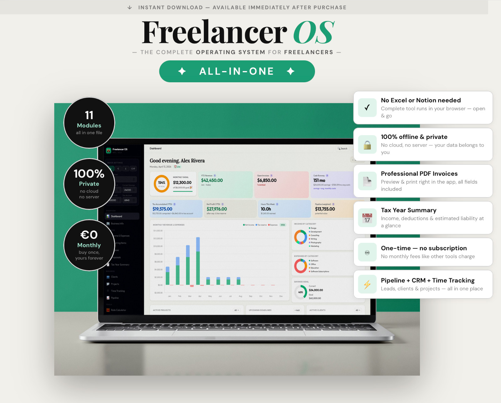 Freelancer OS (English) | All-in-One Business Planner, Invoices, Taxes, CRM